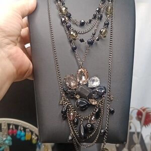 Multi layered chain black crystal necklace